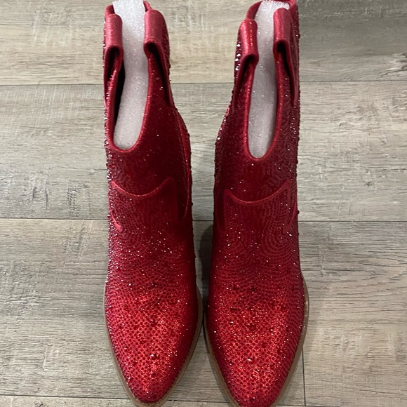 Red Rhinestone Cowgirl Sparkling Pull-on Christmas Party Forever Ankle Booties - Picture 3 of 8